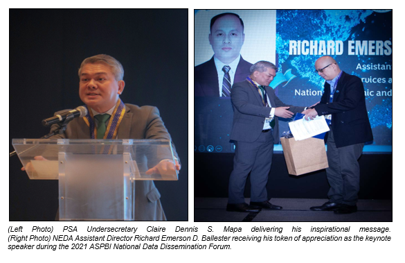 (Left Photo) PSA Undersecretary Claire Dennis S. Mapa delivering his inspirational message.                            (Right Photo) NEDA Assistant Director Richard Emerson D. Ballester receiving his token of appreciation as the keynote speaker during the 2021 ASPBI National Data Dissemination Forum.