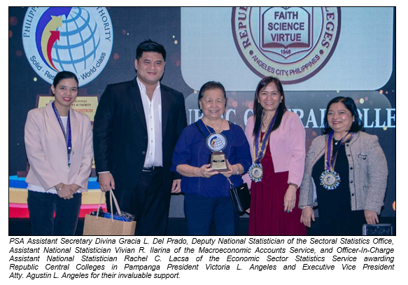 PSA Assistant Secretary Divina Gracia L. Del Prado, Deputy National Statistician of the Sectoral Statistics Office, Assistant National Statistician Vivian R. Ilarina of the Macroeconomic Accounts Service, and Officer-In-Charge Assistant National Statistician Rachel C. Lacsa of the Economic Sector Statistics Service awarding  Republic Central Colleges in Pampanga President Victoria L. Angeles and Executive Vice President                      Atty. Agustin L. Angeles for their invaluable support.